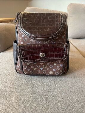 Brown Heart-Print Mini Backpack with Croc-Texture Flap